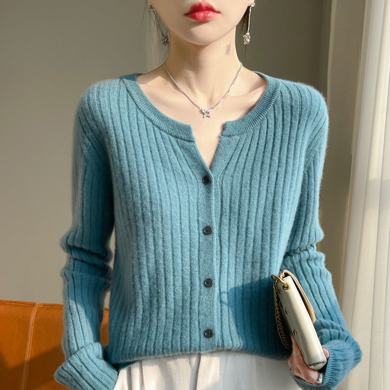 Round Neck Slim-fit Short Striped Solid Color Knitted Cardigan Jacket