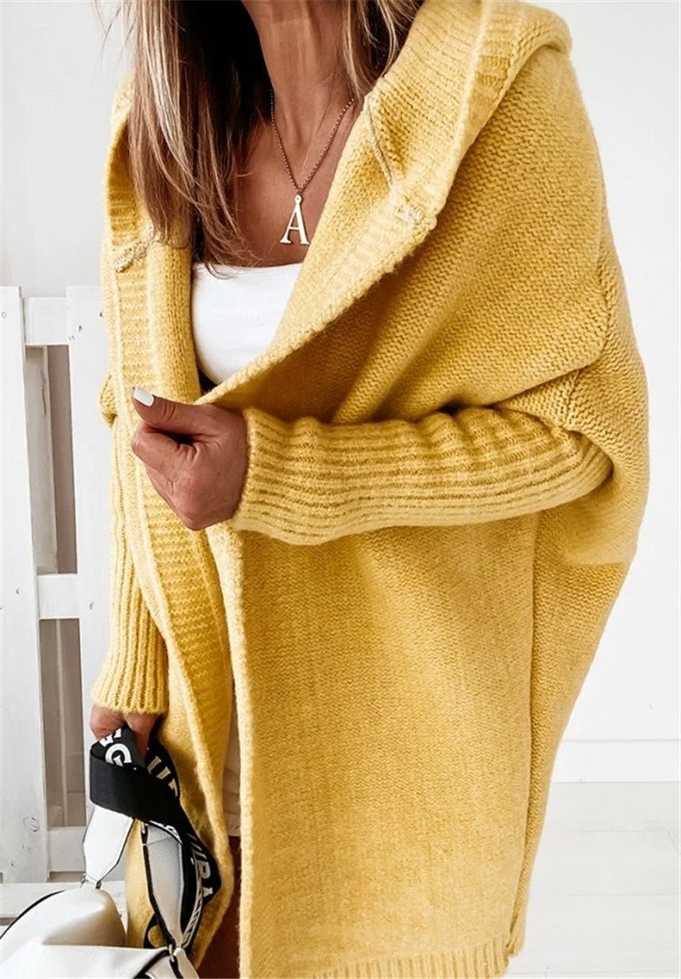 Fashion Bat Sleeve Hooded Cardigan Oversized Loose Temperament Solid Color Sweater Womens Clothing