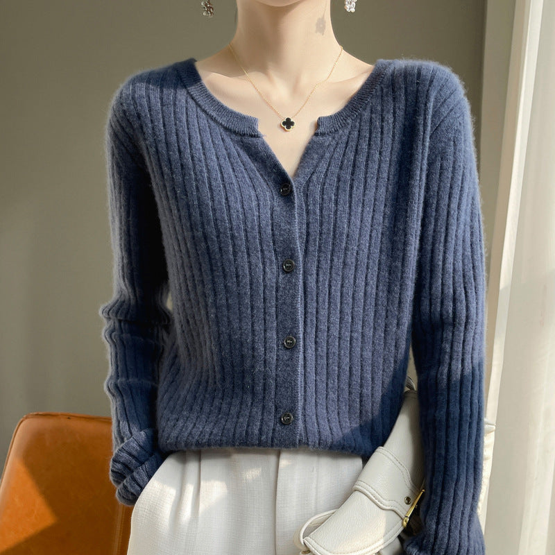 Round Neck Slim-fit Short Striped Solid Color Knitted Cardigan Jacket