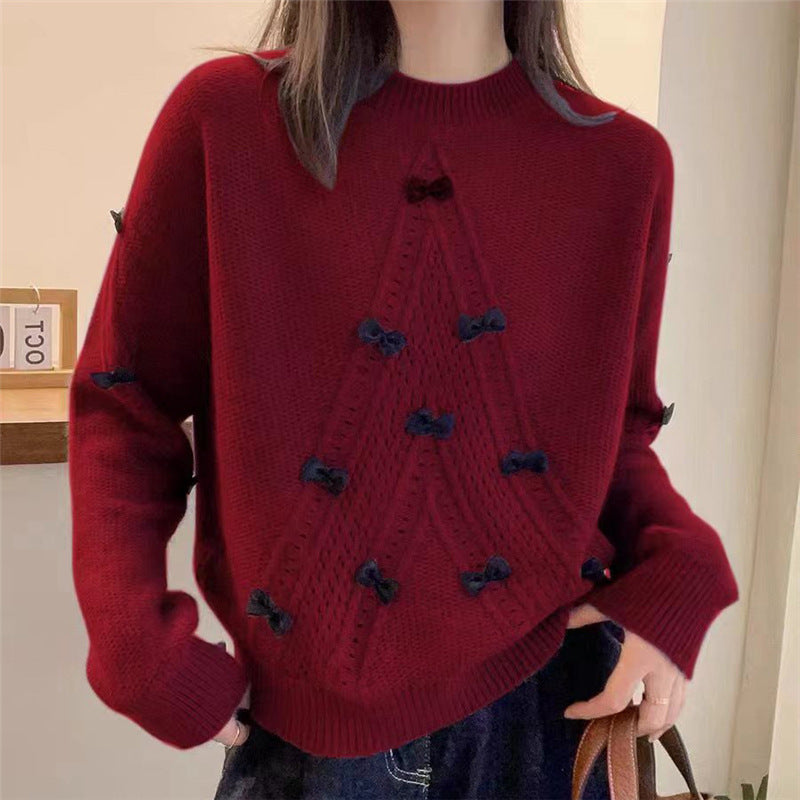 Round Neck Long Sleeve Hollow Bow Three-dimensional Anti-aging Fashion Sweater