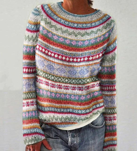 Women's Round Neck Multicolor Loose Fashion Pullover Sweater