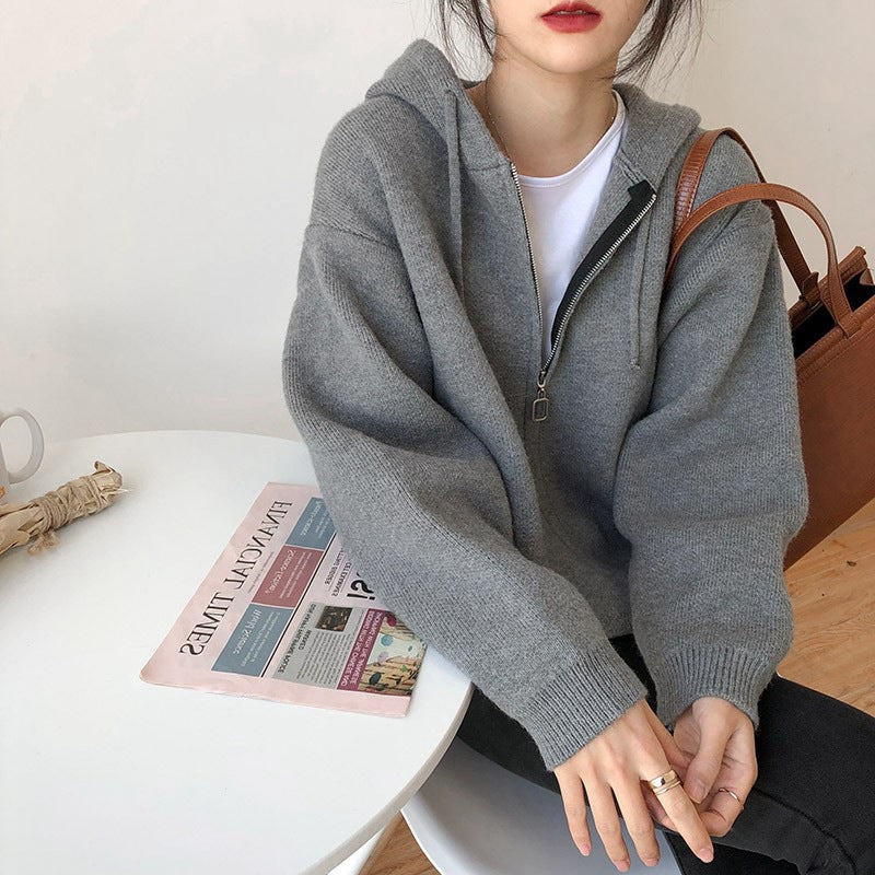 Elegant Hooded Knitted Coat Loose Sweater Short