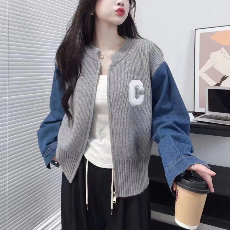 Women's Sweater Stitching Denim Autumnwinter Japanese And Korean New Loose Retro Style Coat