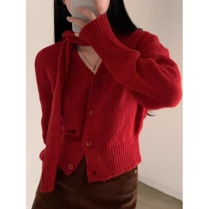 Warm Halter Scarf Design Sense Niche V-neck Sweater Women's Long-sleeved Sweater