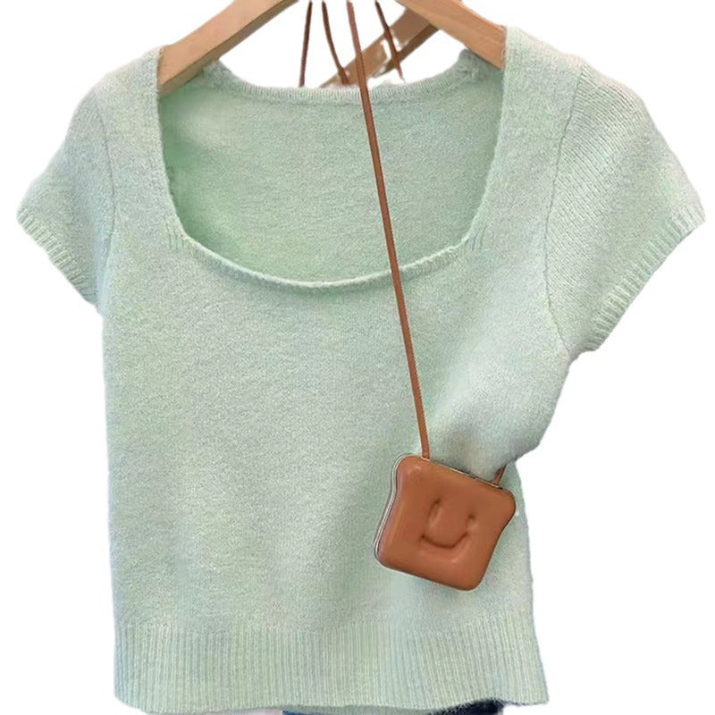 Solid Color Fashion Temperament Square Collar Pullover Short Sleeve Sweater