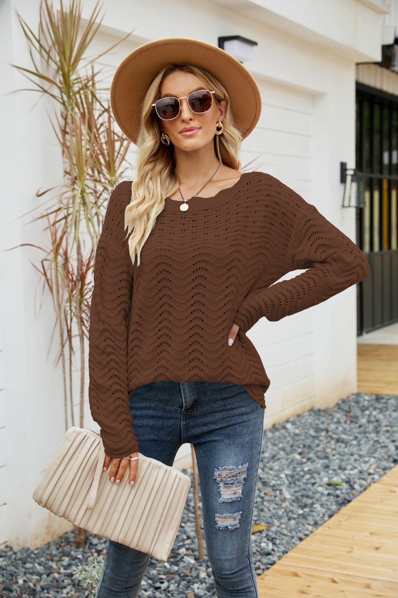 Hollow Pullover Lace Knit Word Neck Off Shoulder Sweater Women