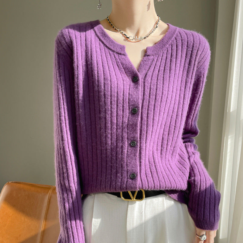 Round Neck Slim-fit Short Striped Solid Color Knitted Cardigan Jacket