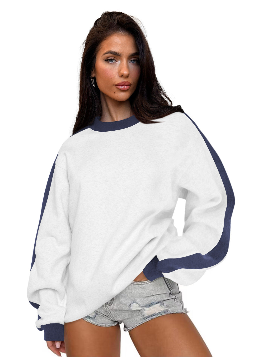 Women's Contrast Color Round Neck Loose Sweater Long-sleeved Top