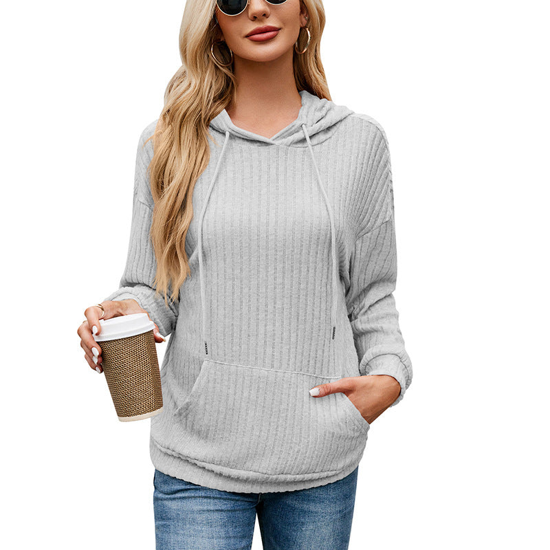 Women's Knitwear Hooded Sunken Stripe Kangaroo Pocket Sweatshirt