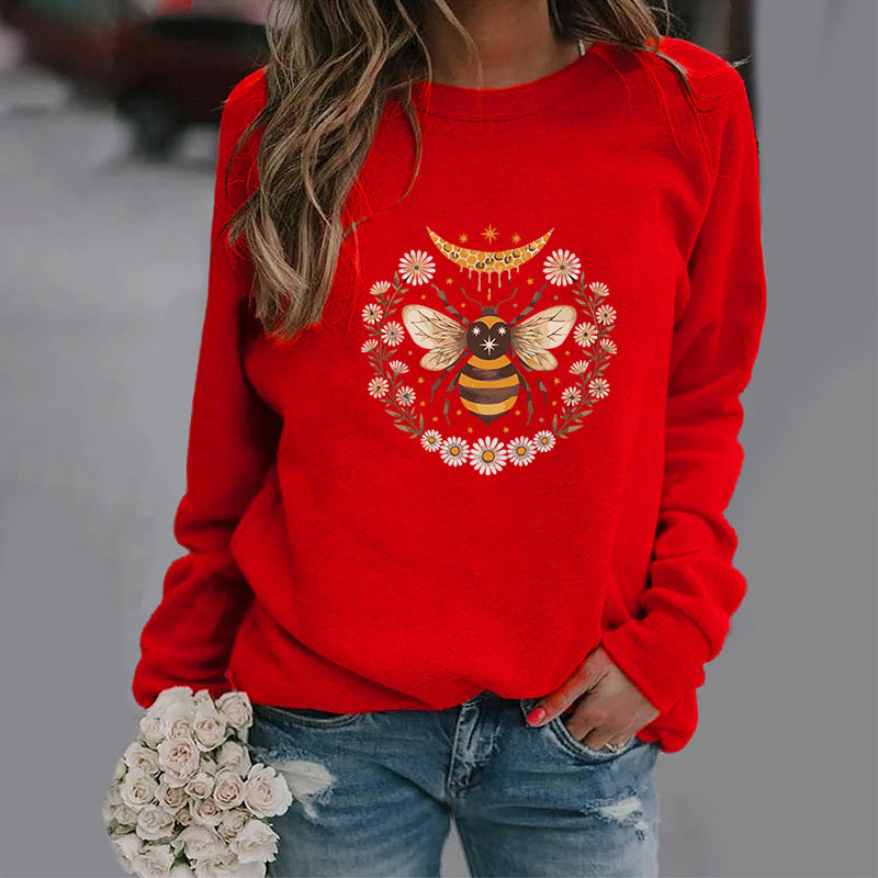 Women's Fashion Moon Bee Trendy Round Neck Sweater