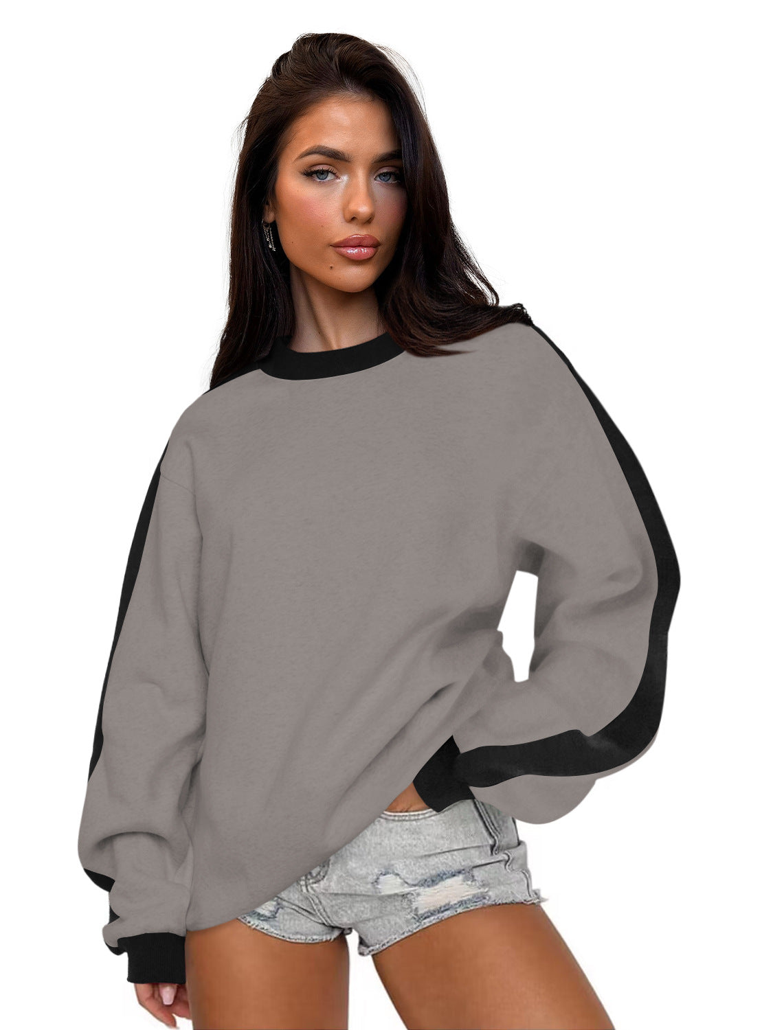 Women's Contrast Color Round Neck Loose Sweater Long-sleeved Top