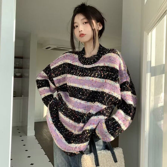 American Style Retro Design Striped Round Neck Sweater Idle Style Loose Outerwear Knitwear