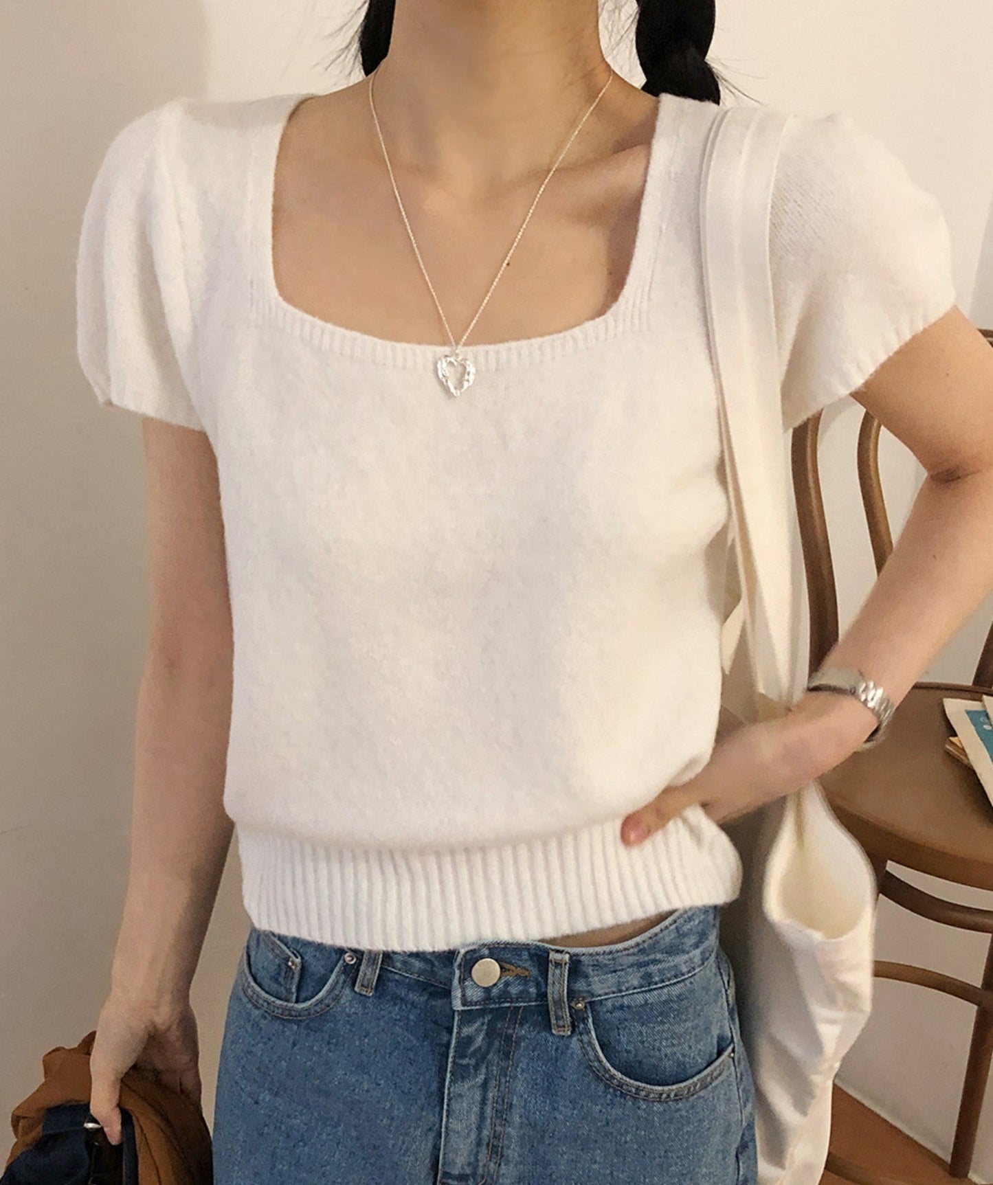 Solid Color Fashion Temperament Square Collar Pullover Short Sleeve Sweater