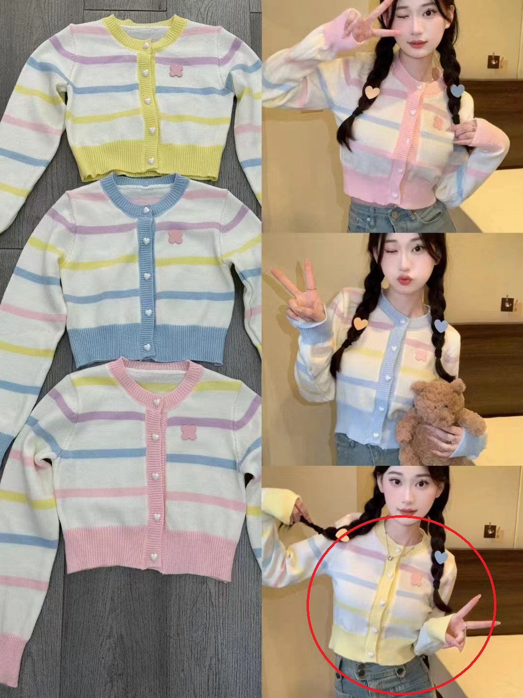 Heart Velvet Buckle Color Stripes Knitted Cardigan Top