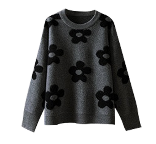 Design Flower Loose Slimming Pullover Round Neck Sweater