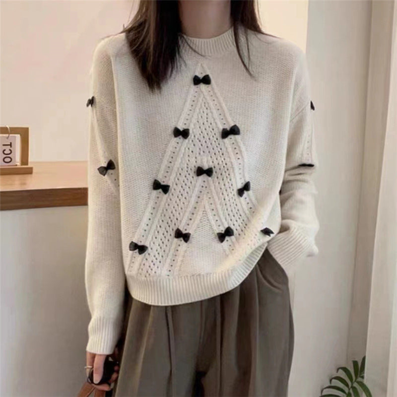 Round Neck Long Sleeve Hollow Bow Three-dimensional Anti-aging Fashion Sweater