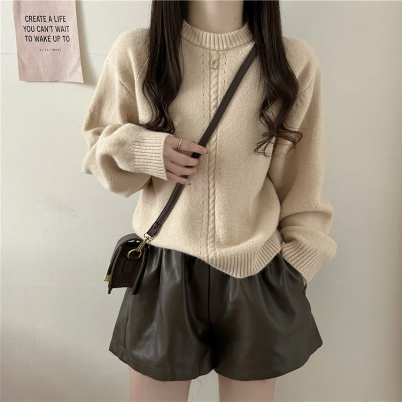 Korean Style Gentle Round Neck Cable-knit Sweater