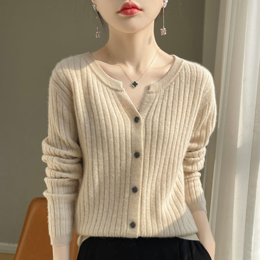 Round Neck Slim-fit Short Striped Solid Color Knitted Cardigan Jacket