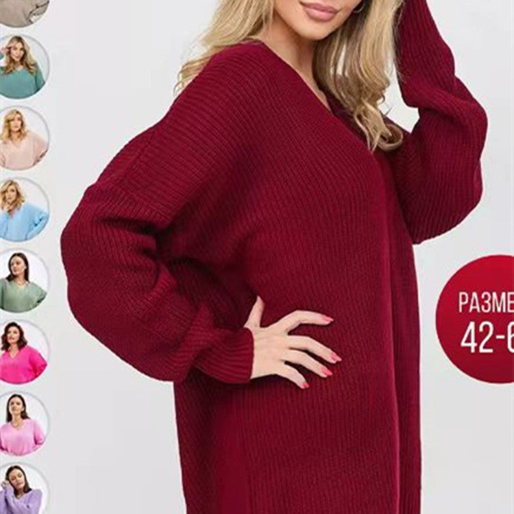 Russian V-neck Loose Solid Color Pullover Sweater