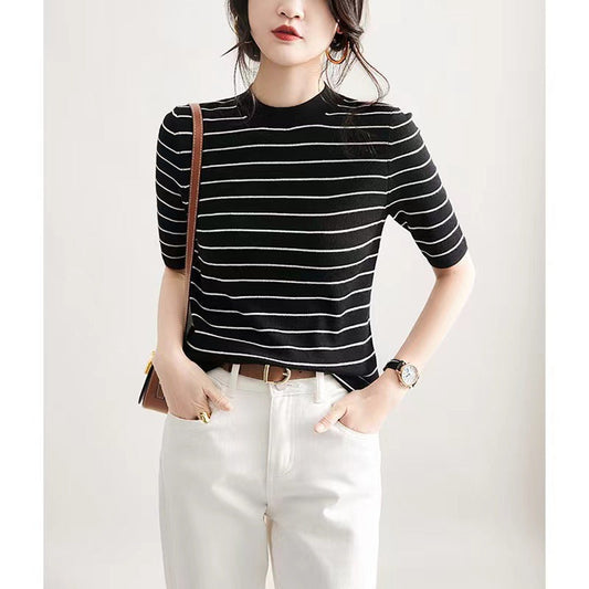 Round Neck Shoulder Top Short Sleeve Classic Contrast Color Vintage Stripe Sweater