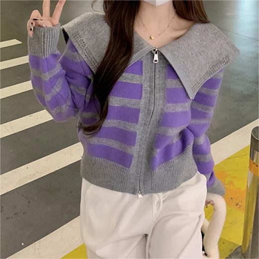 Sailor Collar Striped Sweater Coat Design Sense Niche Hot Drilling