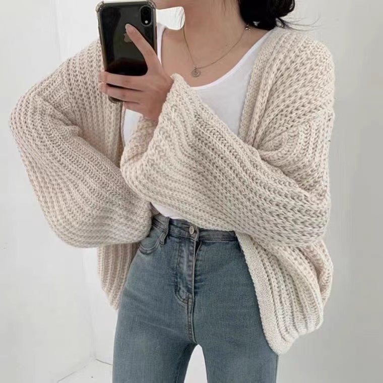 Solid Color Balloon Sleeve Knit Cardigan Sweater Jacket