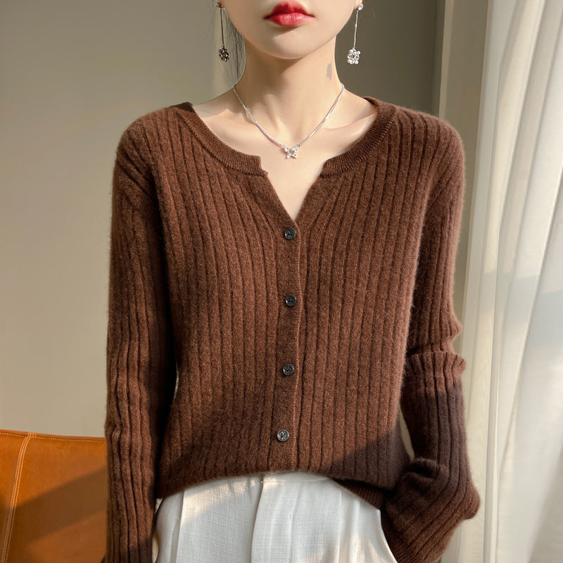 Round Neck Slim-fit Short Striped Solid Color Knitted Cardigan Jacket