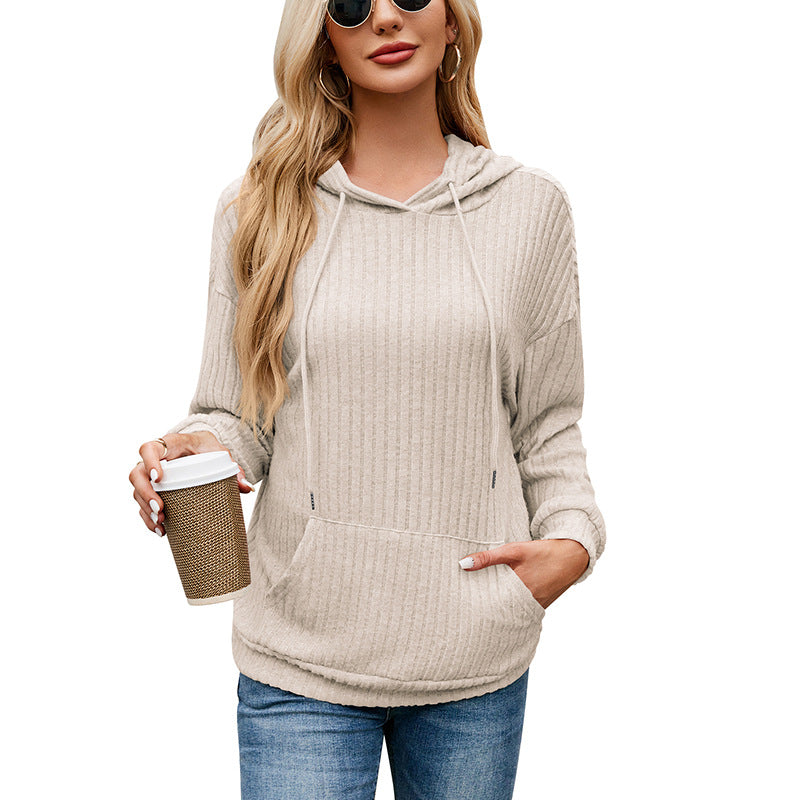 Women's Knitwear Hooded Sunken Stripe Kangaroo Pocket Sweatshirt