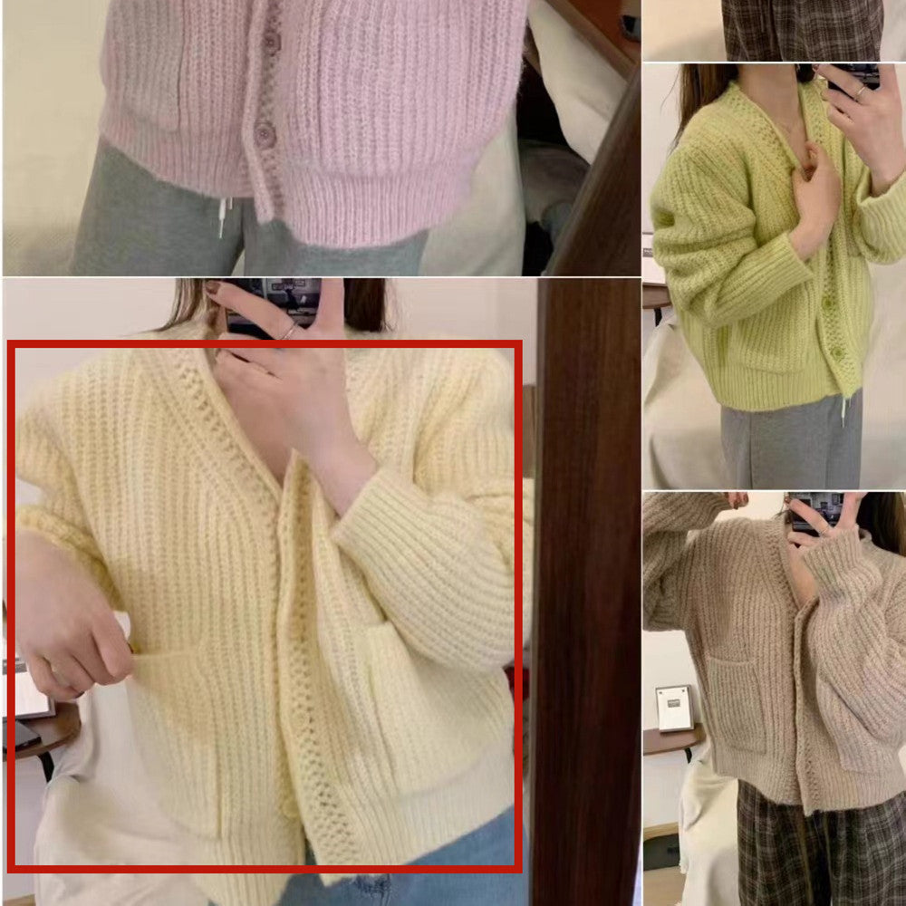 Simple Ins Solid Color Cardigan Jacket V-neck Warm Sweater