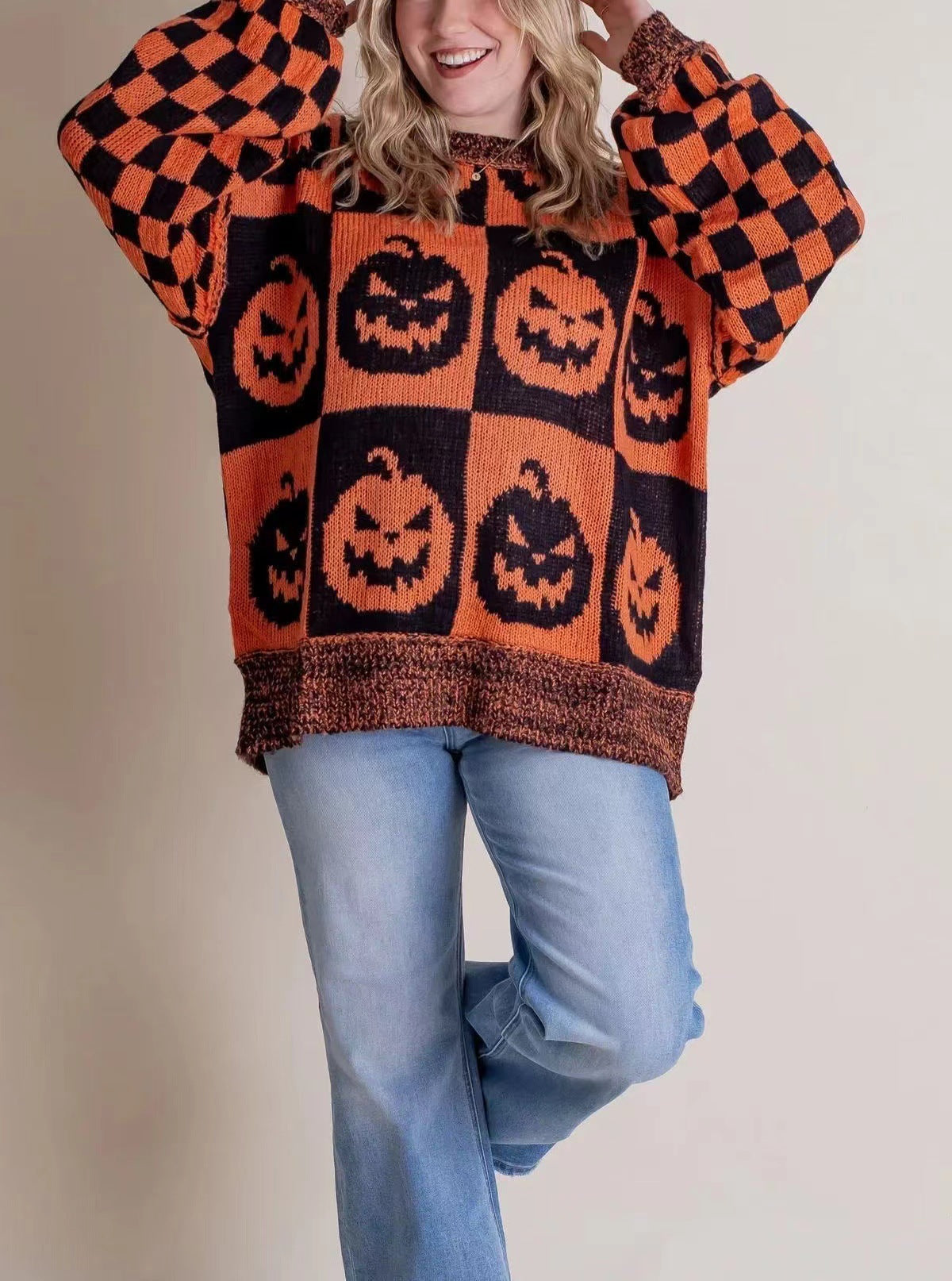 Halloween Cartoon Pumpkin Ghost Sweater Winter Loose Pullover Knitted Top Fashion Women's Clothing