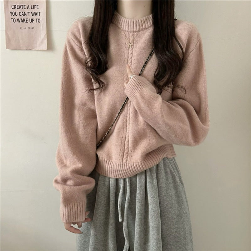 Korean Style Gentle Round Neck Cable-knit Sweater