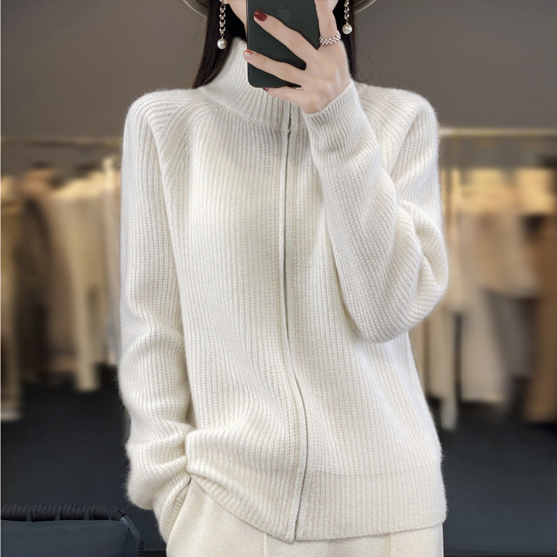 Solid Color Striped Turtleneck Zipper Sweater Sweater