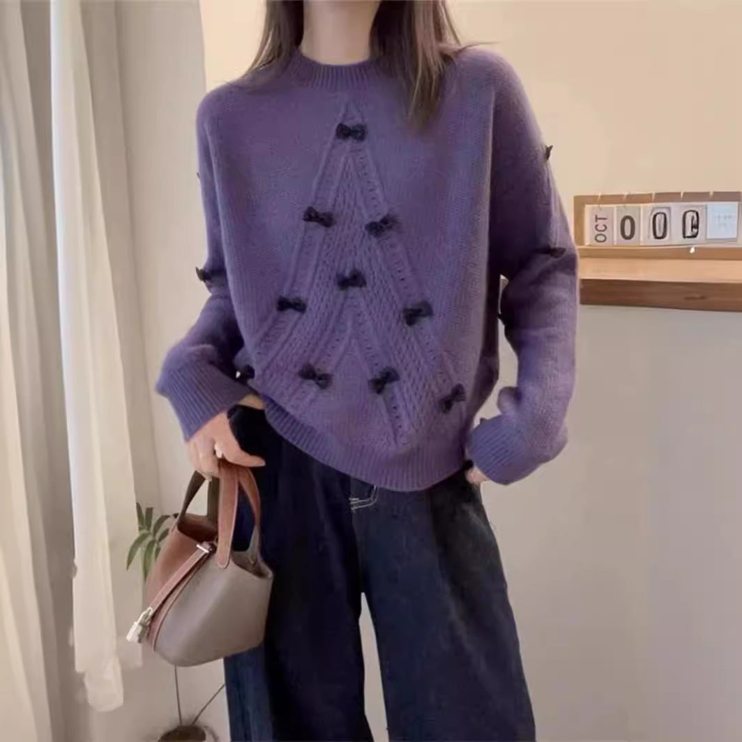 Round Neck Long Sleeve Hollow Bow Three-dimensional Anti-aging Fashion Sweater