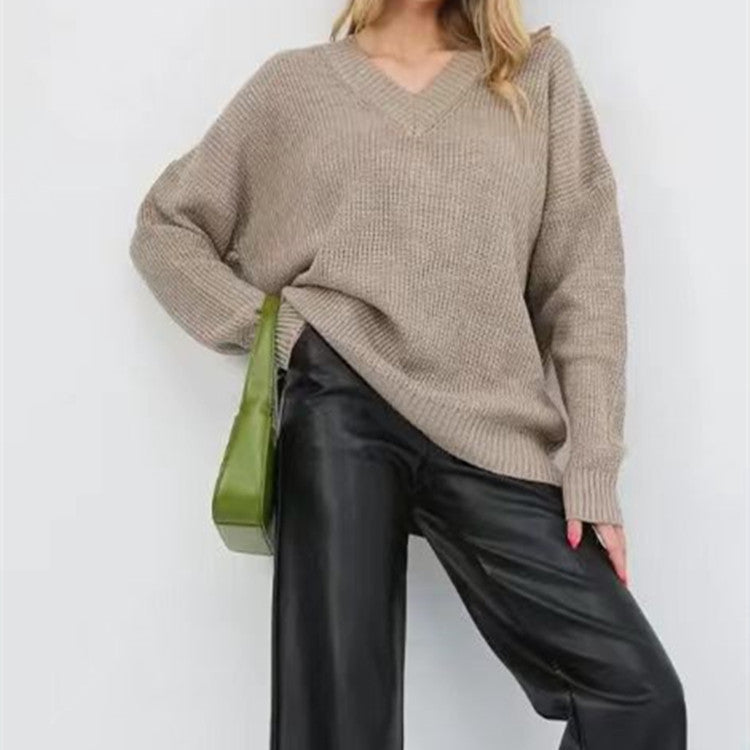 Russian V-neck Loose Solid Color Pullover Sweater