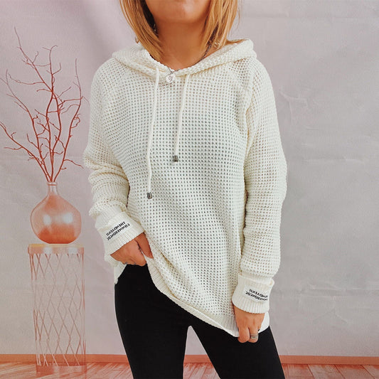 Women's Loose Hooded Knitted Patch Solid Color Sweater