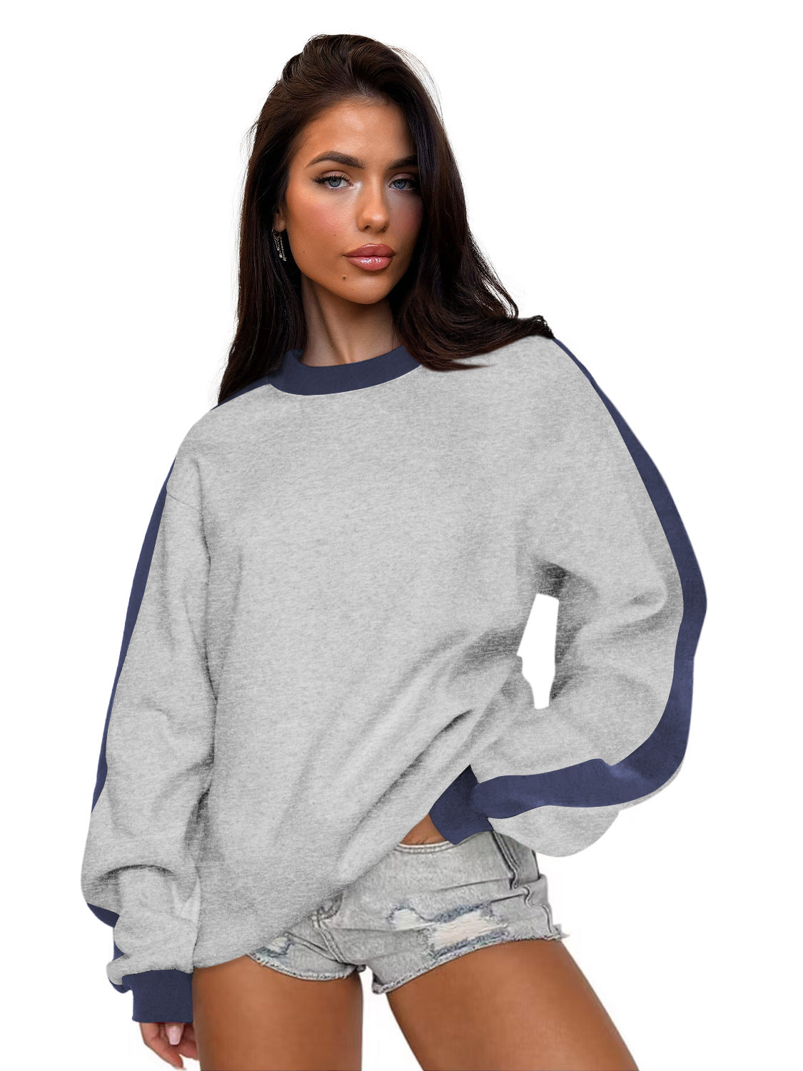 Women's Contrast Color Round Neck Loose Sweater Long-sleeved Top