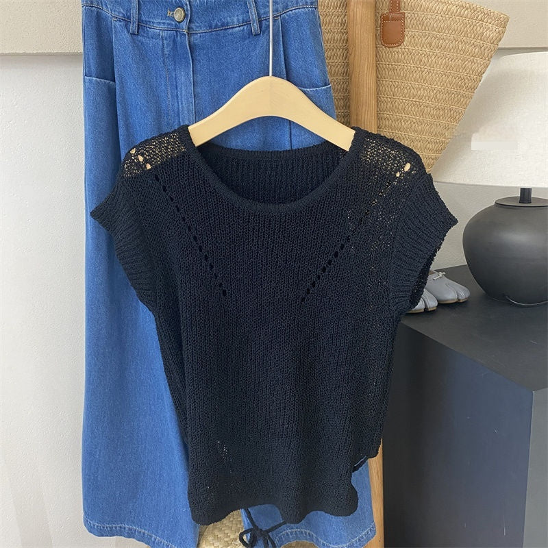 Hollow Sweater Round Collar Design Waist Lace-up Midriff Outfit Ice Silk Top