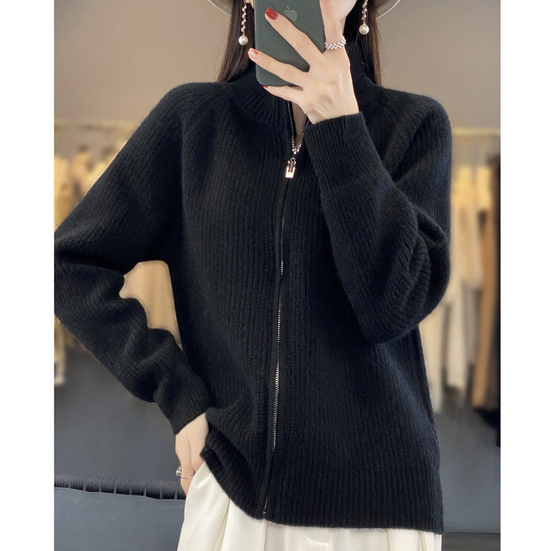 Solid Color Striped Turtleneck Zipper Sweater Sweater