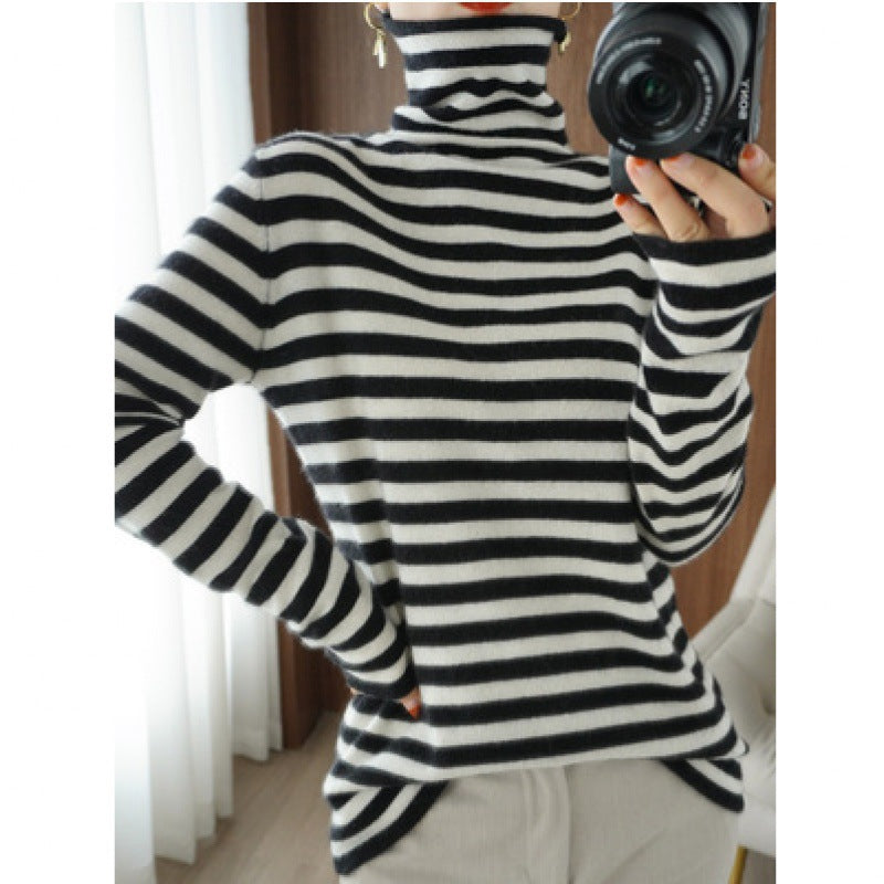 Striped Heap Collar Long Sleeves Sweater Loose All-match Wool Knitted Bottoming Shirt For Women