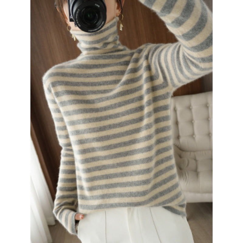 Striped Heap Collar Long Sleeves Sweater Loose All-match Wool Knitted Bottoming Shirt For Women