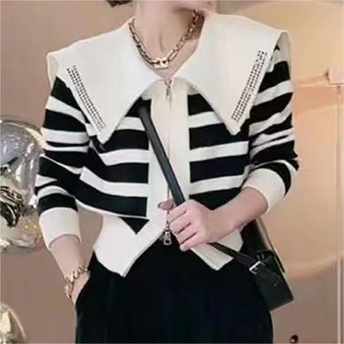 Sailor Collar Striped Sweater Coat Design Sense Niche Hot Drilling