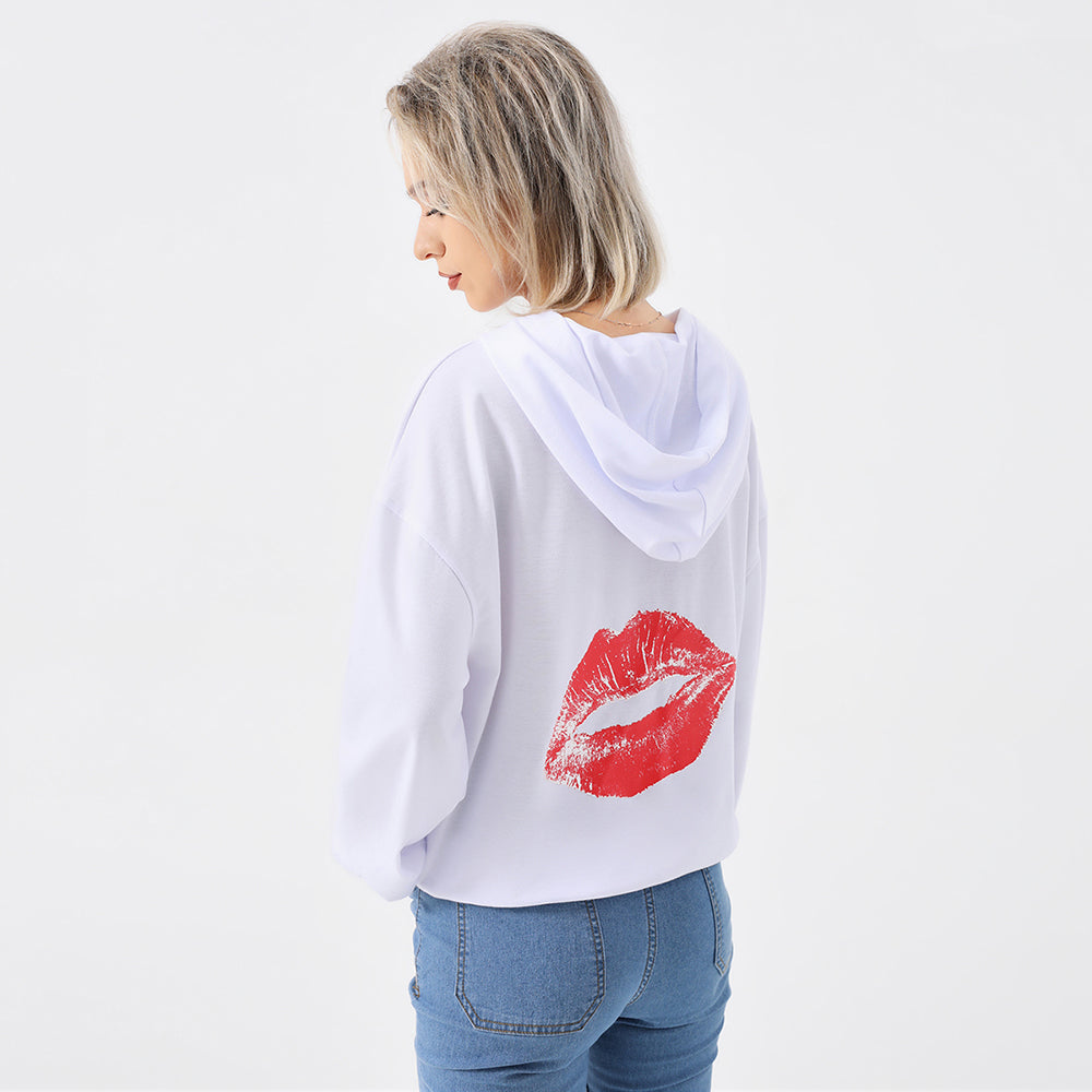 Solid Color Red Lip Print Stylish Loose-fitting Hoodie