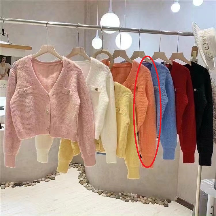 Classic Style Short Knitted V-neck Long-sleeve Cardigan Sweater