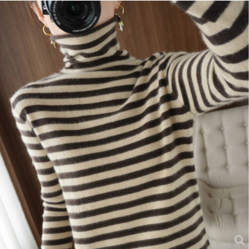 Striped Heap Collar Long Sleeves Sweater Loose All-match Wool Knitted Bottoming Shirt For Women