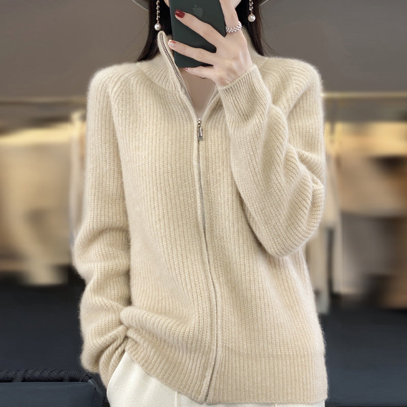 Solid Color Striped Turtleneck Zipper Sweater Sweater