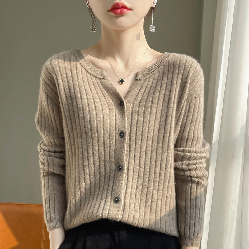 Round Neck Slim-fit Short Striped Solid Color Knitted Cardigan Jacket