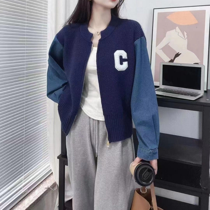 Women's Sweater Stitching Denim Autumnwinter Japanese And Korean New Loose Retro Style Coat