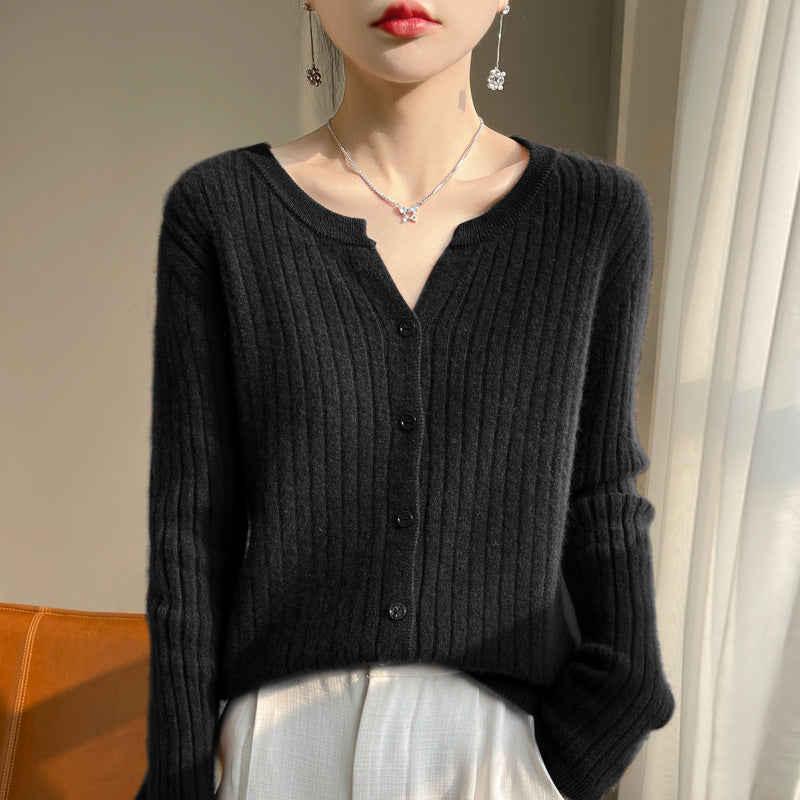 Round Neck Slim-fit Short Striped Solid Color Knitted Cardigan Jacket