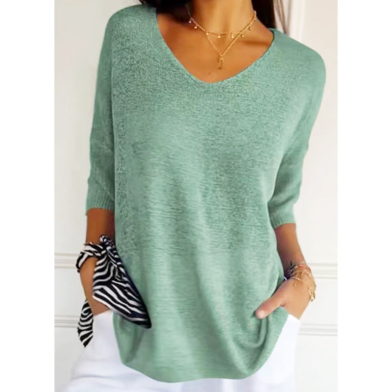 Solid Long Sleeve Sweater Slimming V-neckline Knitwear Women's Bottoming Shirt