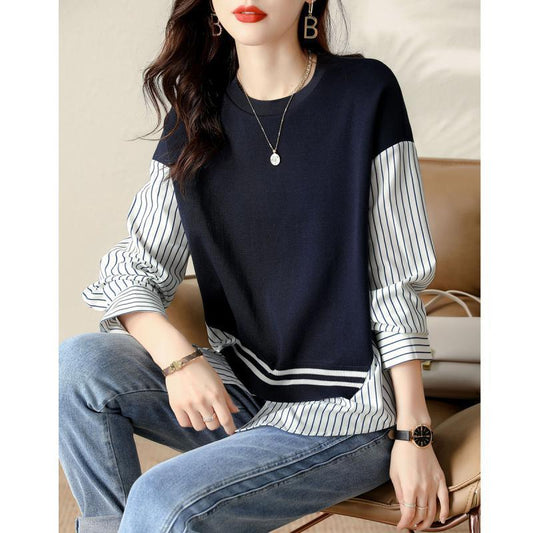 Slimming Stripes False Two-piece Patchwork Shirt All-matching Graceful Women's Simple Round Neck Sweater